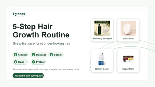 Tgideas 5-step at-home hair growth routine with rosemary shampoo, scalp brush, density serum, and repair mask