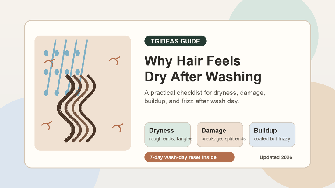 Tgideas educational guide explaining why hair can feel dry after washing and how to reset a wash day routine