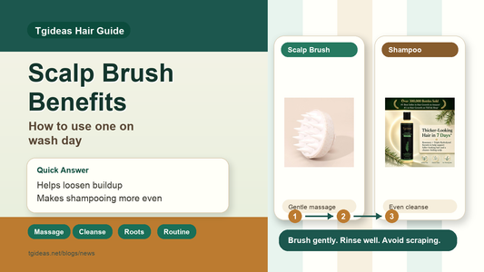 Tgideas scalp brush benefits guide showing a scalp brush and shampoo wash day routine